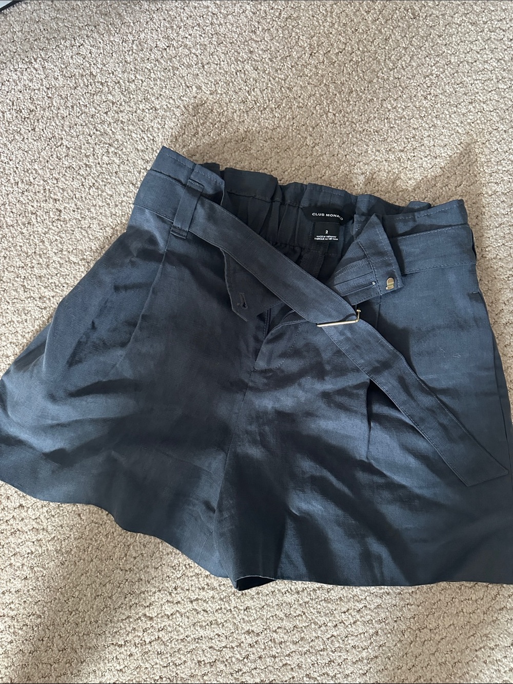 Club Monaco Navy High-Rise Paperbag Shorts with Belt